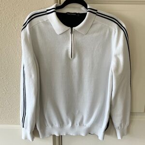 Paul Fredrick White Zip-Up Sweater with Black Stripes